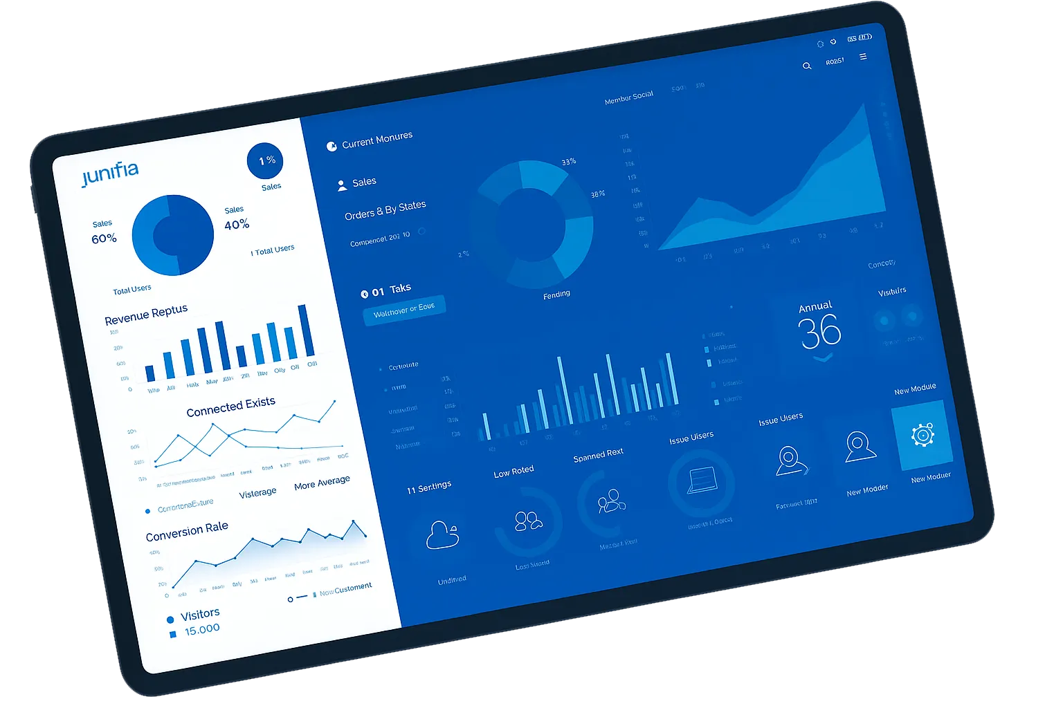 A tablet showing a business intelligence dashboard with charts and metrics